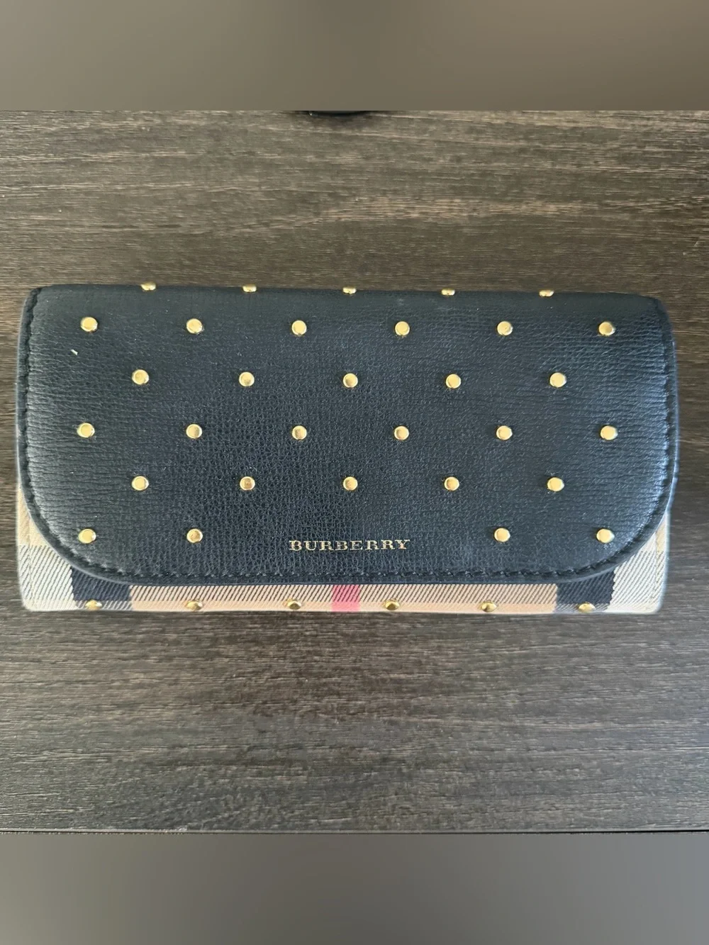 Authentic Burberry Black & Beige Studded Check Continental Wallet EUC
